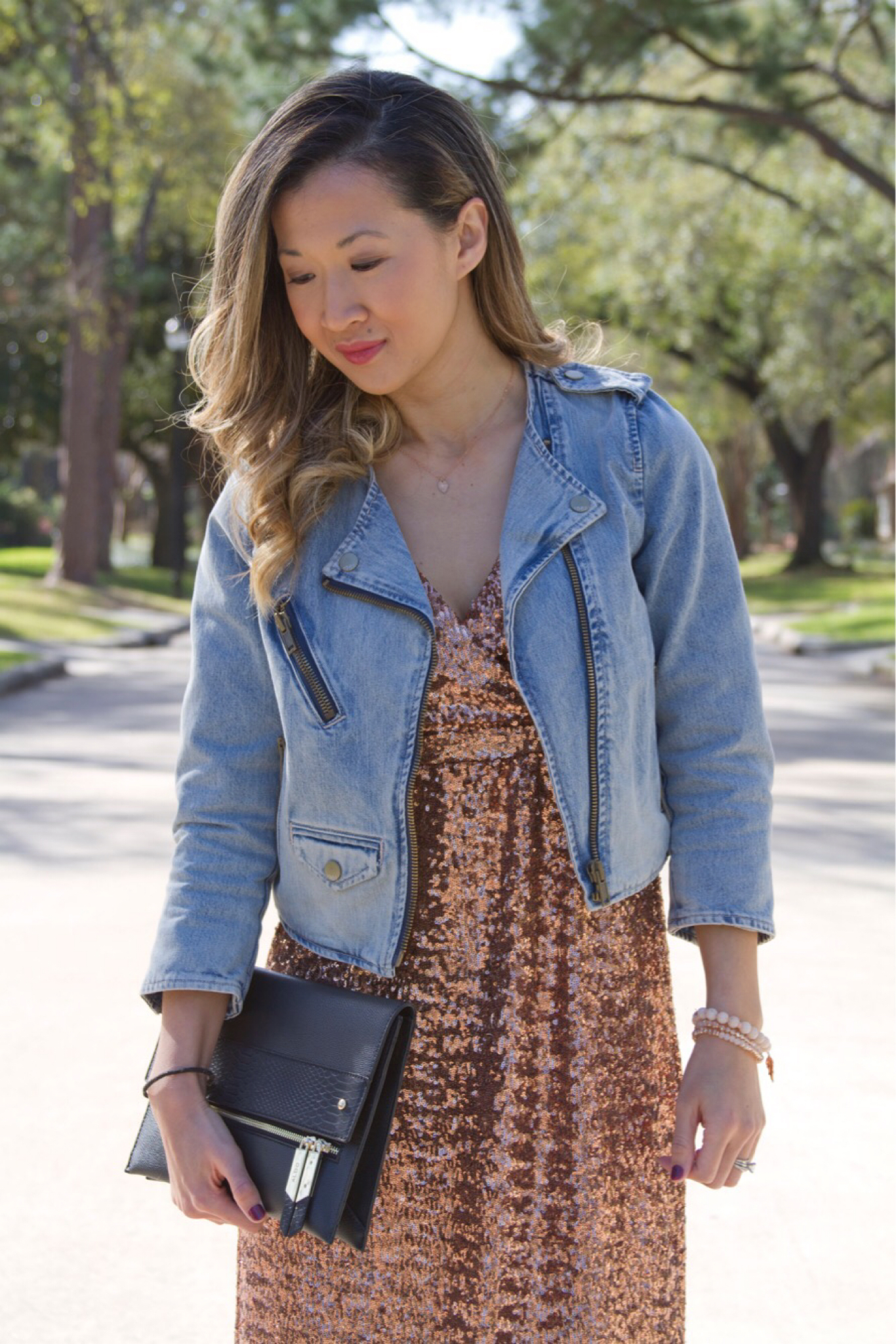 maxi dress and denim jacket